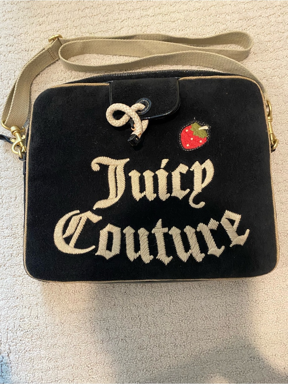 Juicy Couture Black Terrycloth Laptop Bag with Strawberry Patch